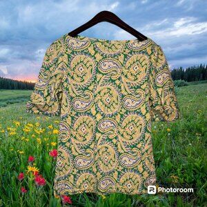 Women's Lauren Ralph Lauren Top Sz M Cotton Paisley Yellow Green And White EUC